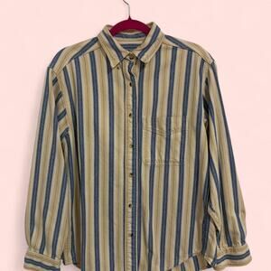 L.L. Bean Tan/Blue Stripes Button Up Shirt Retro Look Size Medium 100% cotton